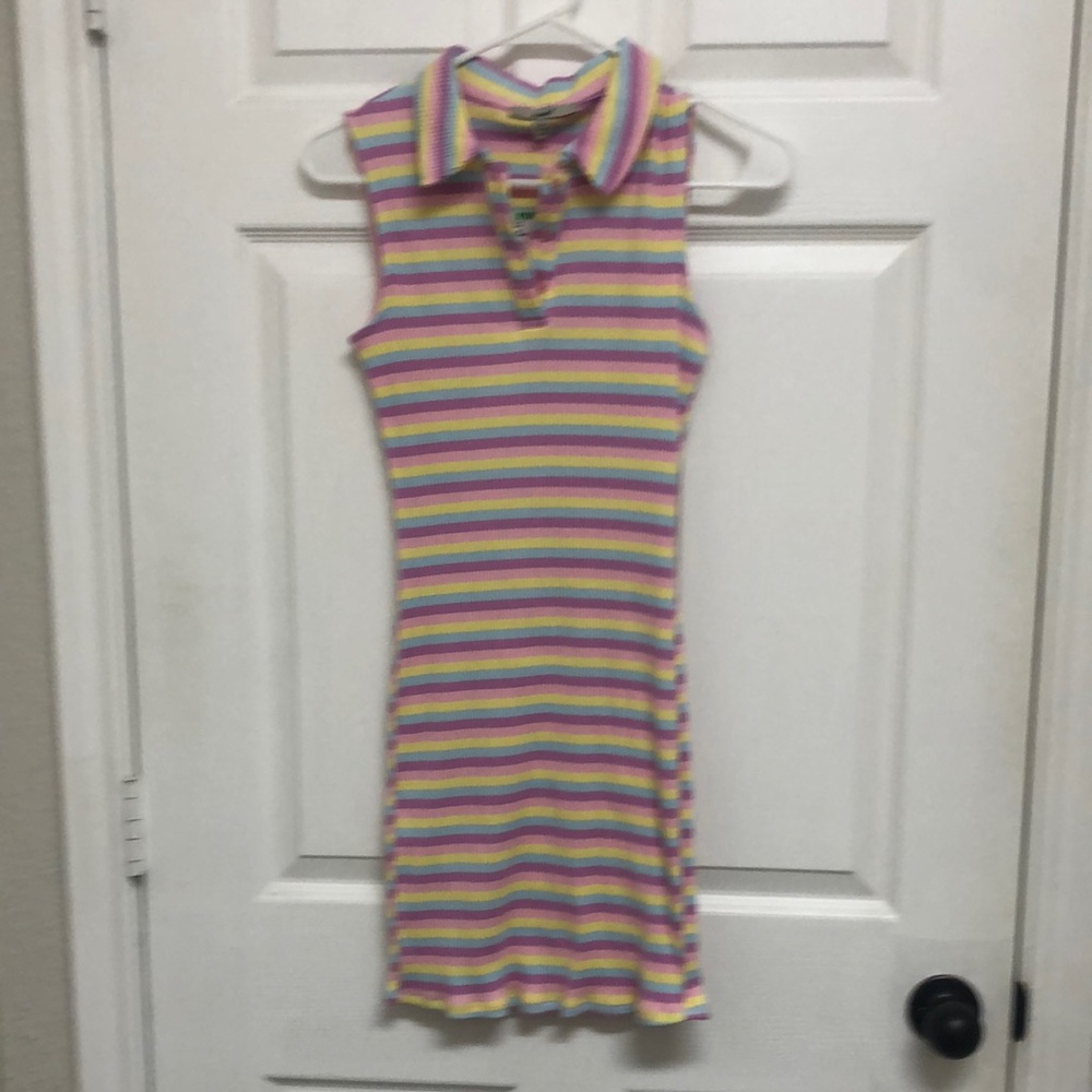Papaya Red and Blue Mini Dress Sleeveless Polo Collar